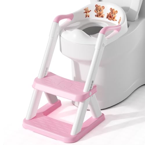 SKYROKU 8868 Potty Training Seat with Step Stool - Adjustable Height, Non-Slip, Splash-Proof, Foldable 2-in-1 Toddler Potty Seat with Armrests and Replaceable Cushion - Fits Most Toilets (Pink)