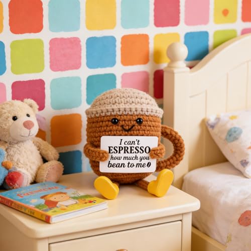 Image of Crochet Toys, Soft Toy Coffee Cup with Long Legs, Handmade Crochet Doll for Office Desk Decoration, Coffee Lovers Crochet Gift, Emotional Support Companion