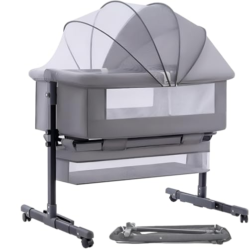 Side Folding Baby Bed Adjustable Height with Openable Side Bassinet 360 Mosquito Net Sturdy Metal Construction Rolling Wheels with Brakes Bottom Storage Basket
