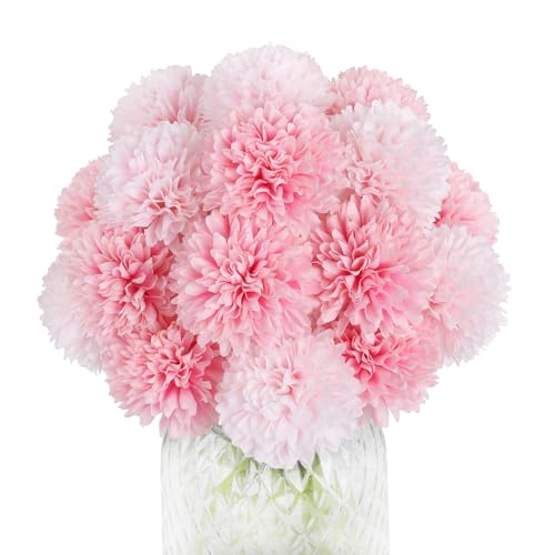 Louiesya 20pcs Artificial Flowers Fake Flowers Silk Artificial Chrysanthemum Ball Hydrangea Bridal Wedding Bouquet for Home Garden Party Decor (Dark Pink Light Pink)
