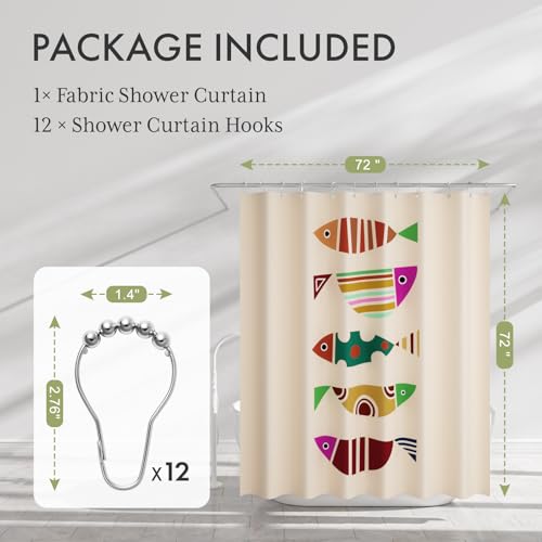 Image of AmazerBath Fish Shower Curtain, Geometric Shaped Fish Bathroom Shower Curtain with 12 Shower Curtain Hooks, Rustic Fabric Shower Curtain Set, 72x72 Inches