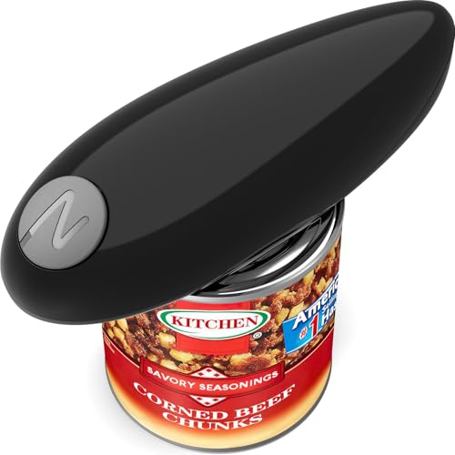 Electric can opener with a sleek black design, positioned on a can of corned beef chunks, illustrating convenience in kitchen gadgetry.