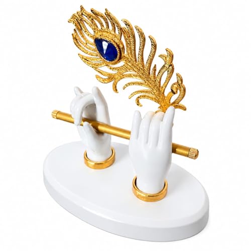 Image of Luxury Krishna Flute Hand Showpiece for Home Decor | Golden Peacock Feather with Blue Crystal Stone | Decorative Tabletop Statue for Living Room, Office & Gift