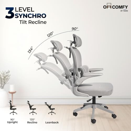 Image of HAVAI Velmora Ergonomic Office Chair | High Back Mesh Chair with Reclining Mechanism, Adjustable Armrest, Headrest & Lumbar Support | Nylon Base & Wheels | Executive /WFH Chair (Grey)