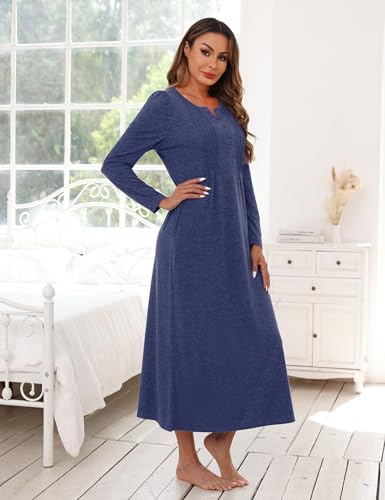 Marvmys Camisas femininas de algodão de manga comprida macias para dormir, gola V, comprimento total