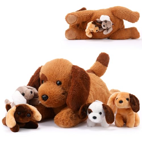 Skylety 5 Stück Welpen Kuscheltiere Mama Hundebauch mit 4 Niedlichen Plüschtier Hunde Spielzeug Kissen Weich und Kuschelig Stofftiere Welpen Sortiment für Geburtstag Weihnachten(Fleck GoldenRetriever)