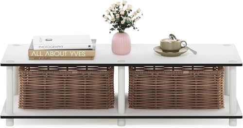 Image of Furinno JUST Toolless TV Stand, 2-Tier Wide Entertainment Center for TV up to 46 Inch, Open Shelf TV Console, for Living Room, Bedroom, Plain White