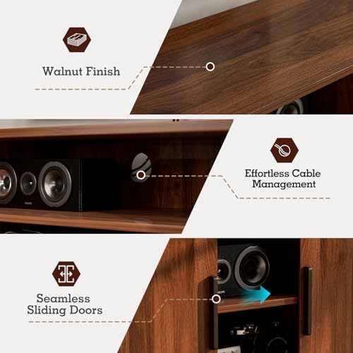 Image of ZttRiee TV Stand with Sliding Doors for TVs up to 60 inch, Mid-Century, Walnut | 55 inchW x 18.5 inchH x 15.7 inchD, 200 lbs top / 50 lbs shelf, 2 central shelves & 2 side cabinets, rounded corners, ~60 min assembly