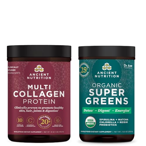 Ancient Nutrition Organic SuperGreens Powder, 25 Servings + Multi Collagen Protein Powder, Unflavored, 45 Servings - image 1
