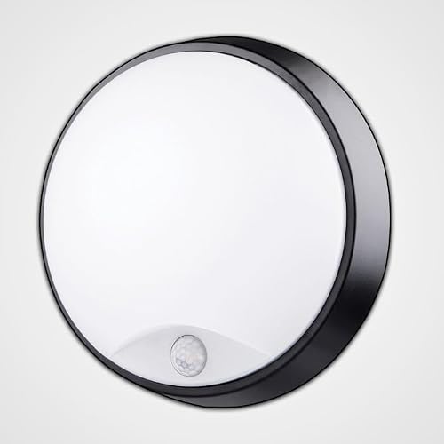 Image of 10W LED CCT Tri Colour IP65 Flush Wall Ceiling Mounted Round Circular Black Bulkhead Light Fitting with Motion Sensor PIR for Indoor,Outdoor,Office,Hallway,Corridor,Utility,Garden,Shed,Workshop