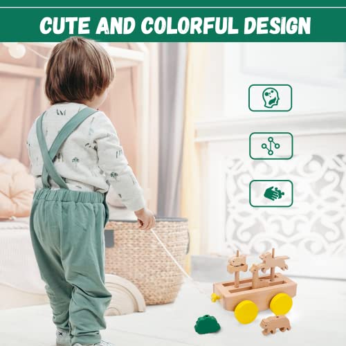 Image of Adena Montessori Wooden Pull Long Trailer Toys - Wooden Pull Car Interactive Animal Towing Toy for Kids 1-3 Years Old Cognitive Development