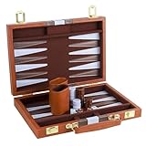 RERIVER Backgammon Set 2 Players Classic Backgammon Sets for Adults Board Game with PU Leather Case Portable and Travel Backgammon Set (Brown, 11inch)