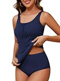 American Trends Women Ruched Tummy Control Bathing Suits Two Piece Swimsuits Modest Tankini Tops with Bottom Navy Blue L