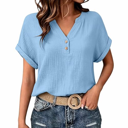 T-shirt manches courtes col en V pour femme en coton froissé boutonné