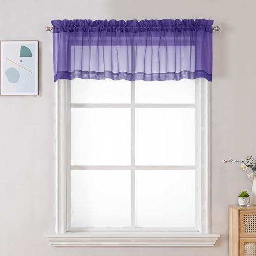 Image of Chyhomenyc Purple Sheer Valances for Windows - Light Filtering Small Kitchen Curtains, Rod Pocket Short Top Window Treatment Decor for Living Room Bathroom Basement, 42Wx16L inches, 2 Panels