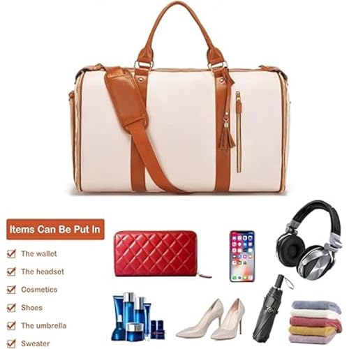 Image of FUOCO Carry On Travel Trolley Bag, PU Leather Mega Garment Duffle Bag for Women Men, Convertible Duffle Bag for Travel, 2 in 1 Hanging Suitcase Suit Traveling Bag 1 Year Warranty (White Tan)