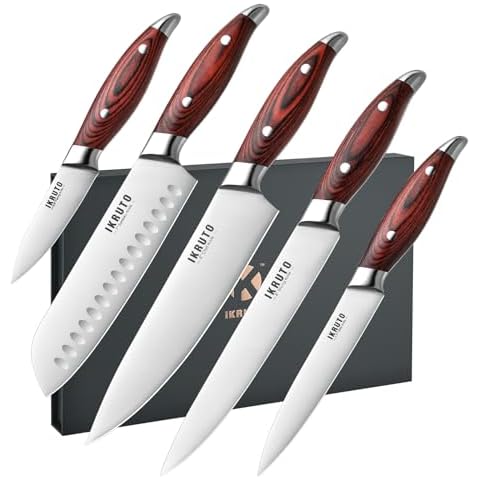 IKRUTO 5-Piece kitchen knife set - Ultra-Sharp High Carbon Stainless Steel Blades with Ergonomic Pakkawood Handles, Professional Kitchen Knives Sets, Elegant Gift Box Packaging Cover