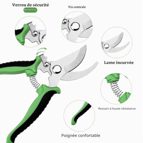 Chiluxendo 3 Pièces Secateur de Jardin Professionnel, Sécateur a Main avec Poignées Artificielles, Sécateurs et Ciseaux de Jardinage, Pruning Shears avec Verrouillage de Sécurité Professionnels – vue 5