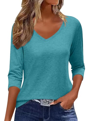 Minetom T-Shirt Damen 3/4 Arm Shirt Sommer Tshirt V-Ausschnitt Basic Oberteile Pullover Herbst A Türkis XL