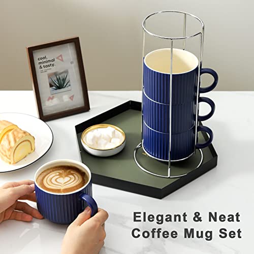 Hasense Coffee Mug Ceramic Set Of 4 With Stand - 15 Oz Stackable Large Porcelain Ribbed Latte Cup Sets For Cappuccino, Tea, Espresso, Hot Cocoa, Drinks - Dishwasher & Microwave Safe, Blue #TOP1