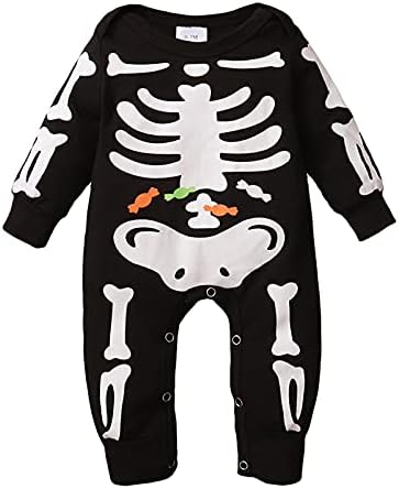 WASAIGOOD Newborn Halloween Romper Baby Girl Boy Skeleton Jumpsuit Long Sleeve O-Neck Halloween One-Piece Outfit (Black,12-18 Months)