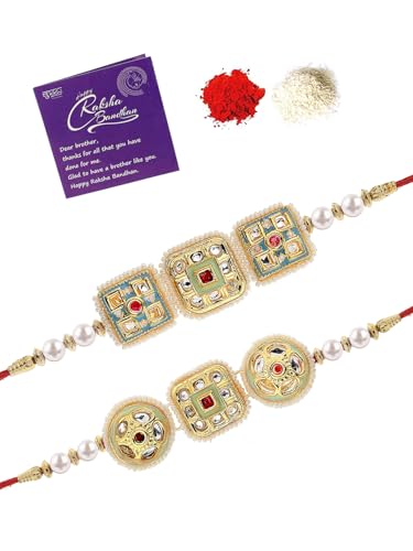 Image of Sukkhi Rakhi Traditional Kundan & Pearls Designer Meenakari Gold Plated Premium Rakhi for Brother with Roli Chawal & Greeting Card | Rakhi for Brother /Bhaiya /Bhai /Men|Rakhi Combo-Set of 2