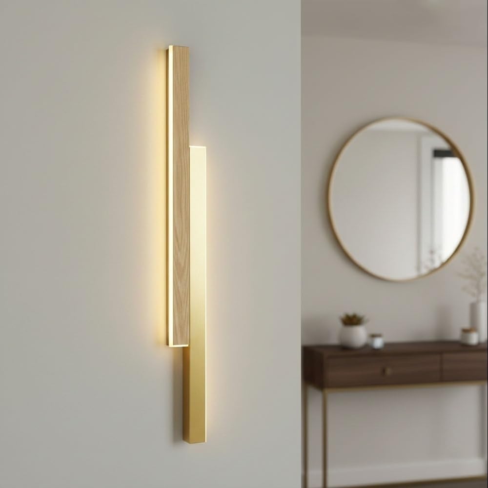 Minimalist LED Wall Sconce,Long Wood Grain & Acrylic Strip Wall Light Fixture, Nordic Aesthetic Linear Wall Lamp for Bedroom Bedside, Hallway, Corridor, and Staircase Decor Parlor(Small)