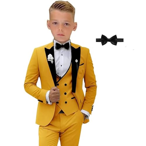 SAROULU Formal Suit for Boys, 3 Pieces Slim Fit Boy Suits for Weddings, Kids Boy's Tuxedo First Class Boy Outfit Yellow