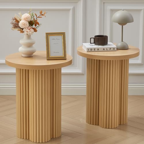 Image of Small Sofa Side Table Set of 2, Fluted Accent Pedestal End Table, Wood Round Night Stand, Farmhouse Bed Side Table Drink Tables for Living Room, Small Spaces (Natural-2PCS)