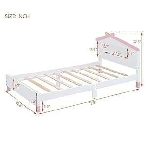 Twin Size Wooden Platform Bed with House-Shaped Headboard and Motion Activated Night Lights,Pine Wood Bed Frame W/Slats Support for Kids Boys Girls,No Box Spring Needed,White+Pink Twin Size Wooden Platform Bed with House Shaped Headboard and Motion Activated Night LightsPine Wood Bed Frame WSlats Support for Kids Boys GirlsNo Box Spring NeededWhitePink