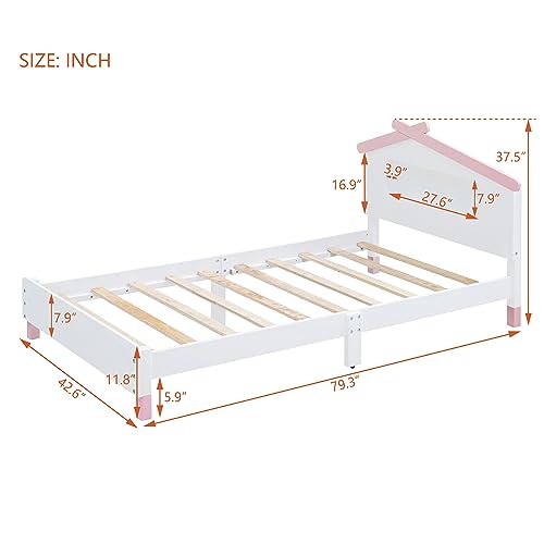 Twin-Size-Wooden-Platform-Bed-with-House-Shaped-Headboard-and-Motion-Activated-Night-LightsPine-Wood-Bed-Frame-WSlats-Support-for-Kids-Boys-GirlsNo-Box-Spring-NeededWhitePink Twin Size Wooden Platform Bed with House Shaped Headboard and Motion Activated Night LightsPine Wood Bed Frame WSlats Support for Kids Boys GirlsNo Box Spring NeededWhitePink
