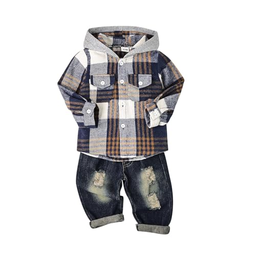 Image of Toddler Baby Boy Fall Winter Clothes Long Sleeve Plaid Hooded Sweatshirt Ripped Holes Jeans Set 1-5 Years Old