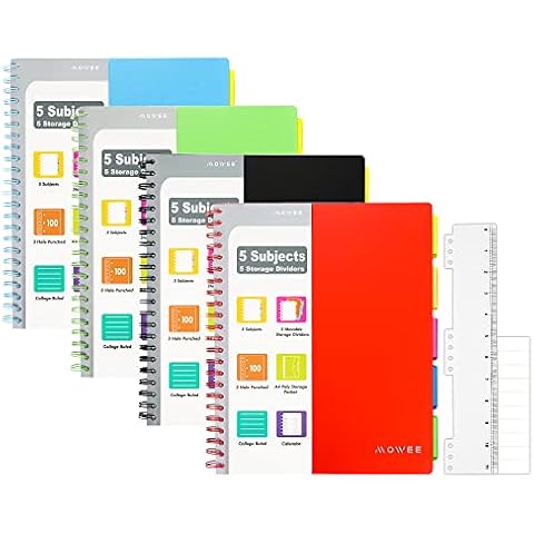 MOWEE 4 Pack Spiral Notebook - 5 Subject Notebook, College Ruled Notebook 3-Hole Punched With Dividers, Storage Pockets Cover