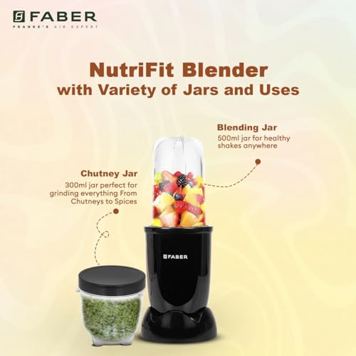 Image of Faber Sportz 2-in-1 Nutrifit Nero Blender Mixer Grinder - 550W, 100% Copper Motor, Detachable SS Blade, 500ML & 300ML Jars, Wet & Dry Grinding, Smoothie Maker, 2 Year Warranty