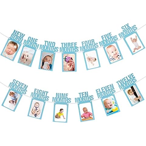 Gaosaili 1st Birthday Baby Photo Banner for Boys Girls First Birthday Party Decoration Monthly Milestone Birthday Party Decor Photo Bunting Garland for Newborn 1 to 12 Months Bithday Party Supply Blue Cover