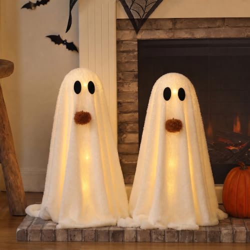 Image of Halloween Decorations-2 Pack Light-Up Sherpa Ghosts with Pumpkin