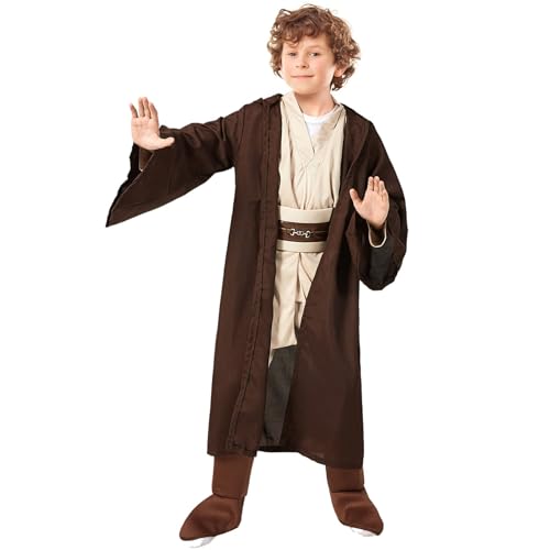 SINSEN 5PCS Kids Jedi Costume Obi Wan Hooded Robe Cloak Kenobi Tunic Top Pant Belt Uniform Set Fancy Dress Cosplay for Halloween Party Boys Girls Child (Large/10-14Y)