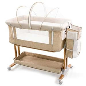 Bassinet Bedside Sleeper for Baby 6 Months, Convertible Cosleeping Baby Bed Attach to Bed with Wheels, Mattress, Storage Diaper Caddy, 6 Adjustable Height, Breathable Mesh Drop Down Side, Gold