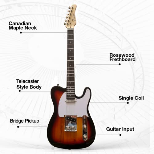 Sunburst Electric Guitar Beginner Kit Full Size 39 Inch Tele Style Guitar, 20W Amplifier 3 Picks, Shoulder Strap, Tuner, Bag Case #TOP1