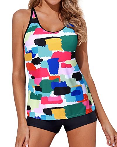 Yonique Tankini Swimsuits for Women with Boy Shorts Athletic Swim Tank Top 2 Piece Bathing Suits Color Block L