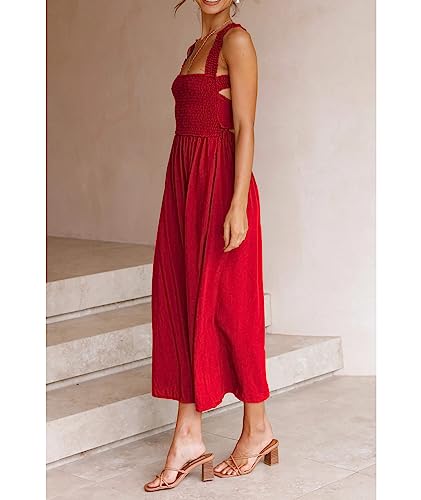 Image of Sexyshine Women's Square Neck Halter Lace Up Criss Cross Maxi Dress Tie Back Sleeveless Smocked Ruched A Line Dress