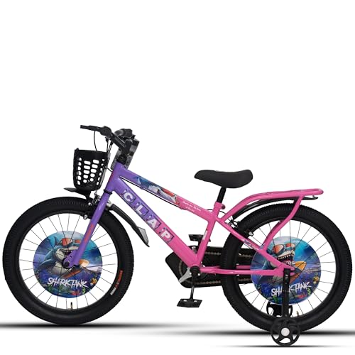 Image of Shark Tank 20T Kids Bicycle for Boys & Girls with Inbuilt Carrier, Front Basket, PU Soft Seat, Full Chain Cover & Stylish Wheelcards (Purple /Pink)