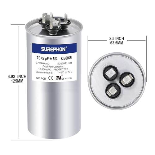 SUREPHON 70+5 uF 70/5 MFD ±5% 370V/440VAC Dual Run Start Capacitor CBB65B Works for AC Unit Fan Motor Start or Heat Pump or Condenser Straight Cool by SUREPHON - Image 2