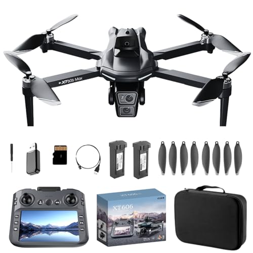 GPS Drone with HD Dual Camera, Brushless Motor & 5 Inch Screen Remote, EIS Anti-Shake Gimbal, Obstacle Avoidance & Optical Flow Positioning, under 250g Lightweight XT606 FPV Drone for Beginners Adults