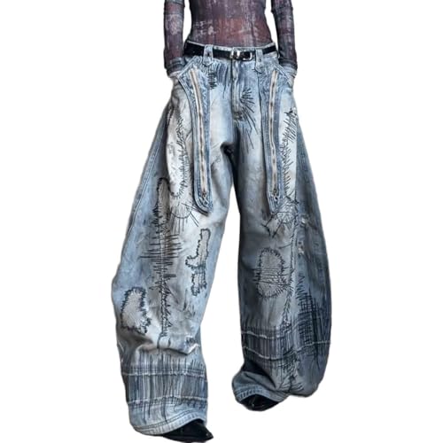 BXCNCKD Women's Retro Street Loose Slimming Wide Leg Pants Embroidered Pattern Jeans Curved Knife Pants