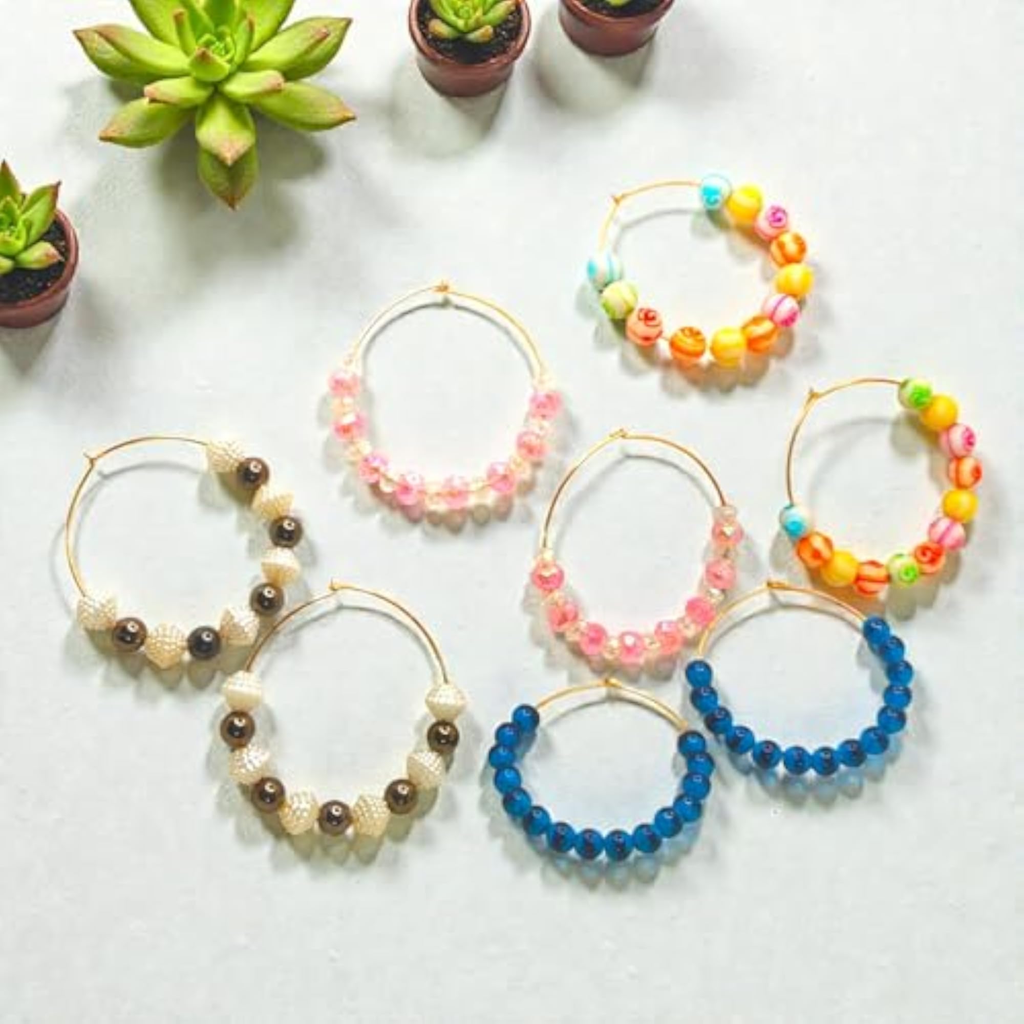 Colorful Beaded Hoop Earrings Set, Gold Wire