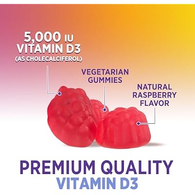 Vitamin D3 Gummies 125 mcg (5000 IU) Per Serving - 3X Strength Immune Support & Bone Support, Vitamin D Gummy Dietary Supplement, Nature's Berry D Vitamin Supplement, Raspberry Flavored - 60 Gummies