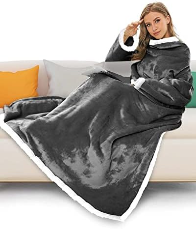 Maxesla TV Blanket with Sleeves and Pockets, Deluxe Wearable Soft Cosy Warm Fleece Snuggle Blanket Gifts for Women Men, 175 x 130 cm, Gray