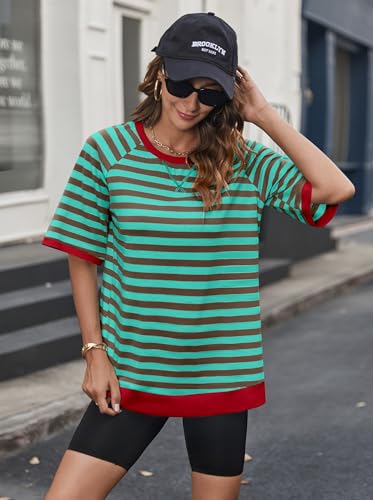 Zeagoo Women Striped T Shirts Oversized Crewneck Short Sleeve Tops Summer Casual Blouse Color Block Basic Tee S-XXL2