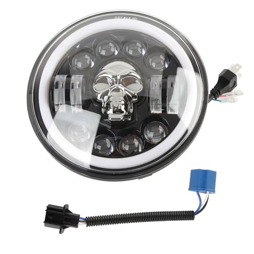 Keenso Faro de Motocicleta, 7 Pulgadas, LED, Ojo de ángel, Patrón de Cabeza de Calavera, Iluminación Blanca, Modificación Universal a Prueba de Agua